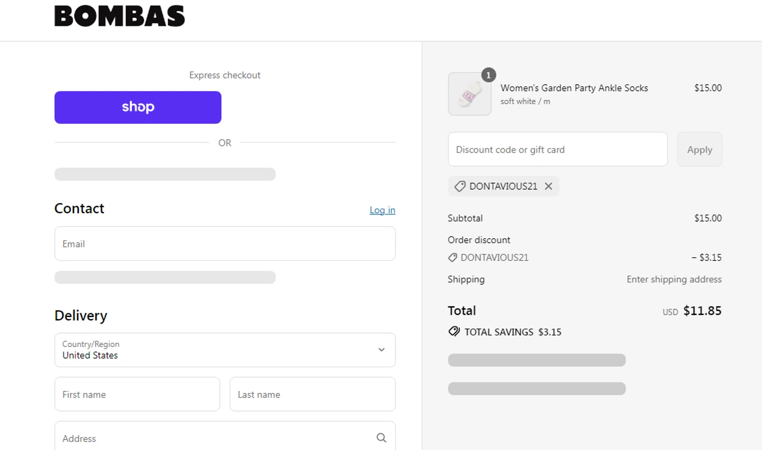 Bombas discount code screenshot showing code DONTAVIOUS21 applied at Bombas checkout page. Uploaded by SimplyCodes community member cachirulo on Aug 14, 2025