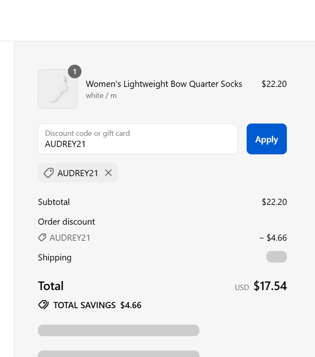 Bombas discount code screenshot showing code AUDREY21 applied at Bombas checkout page. Uploaded by SimplyCodes community member Lisboa on Aug 20, 2025