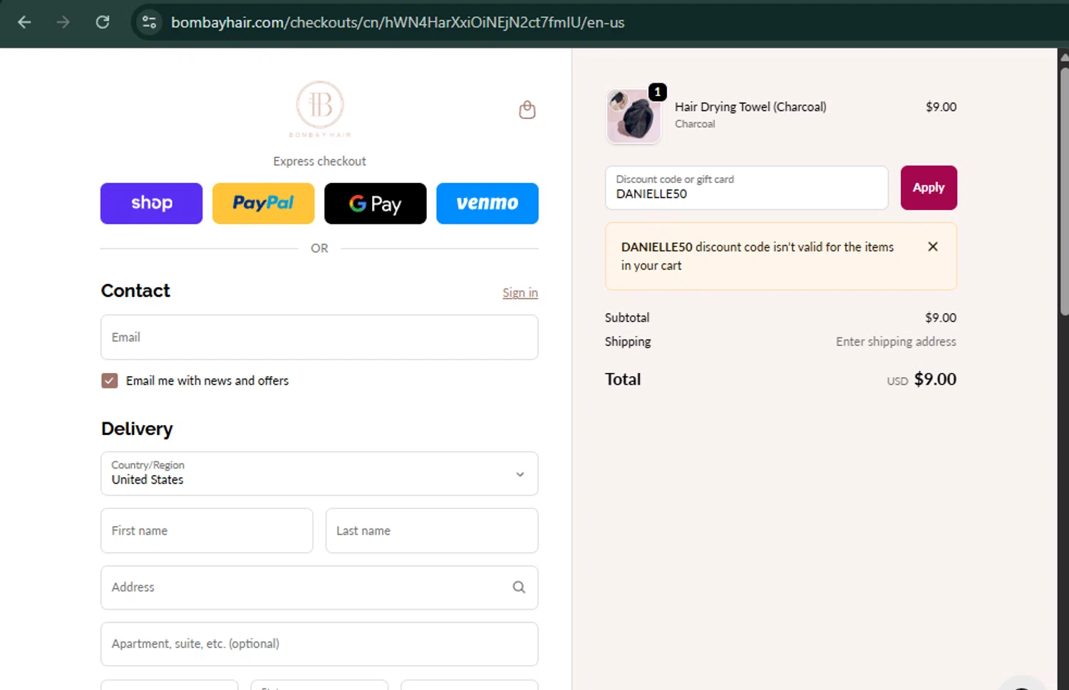 Bombay Hair discount code screenshot showing code DANIELLE50 applied at Bombay Hair checkout page. Uploaded by SimplyCodes community member xaswqe on Oct 19, 2025