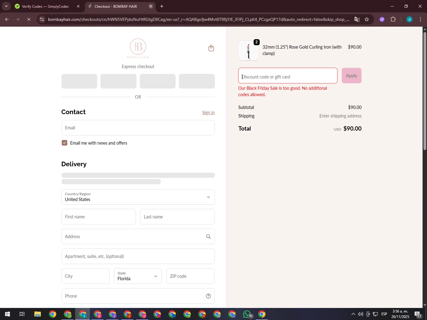 Bombay Hair discount code screenshot showing code Sam60 applied at Bombay Hair checkout page. Uploaded by SimplyCodes community member GloriousTiger3507 on Nov 20, 2025