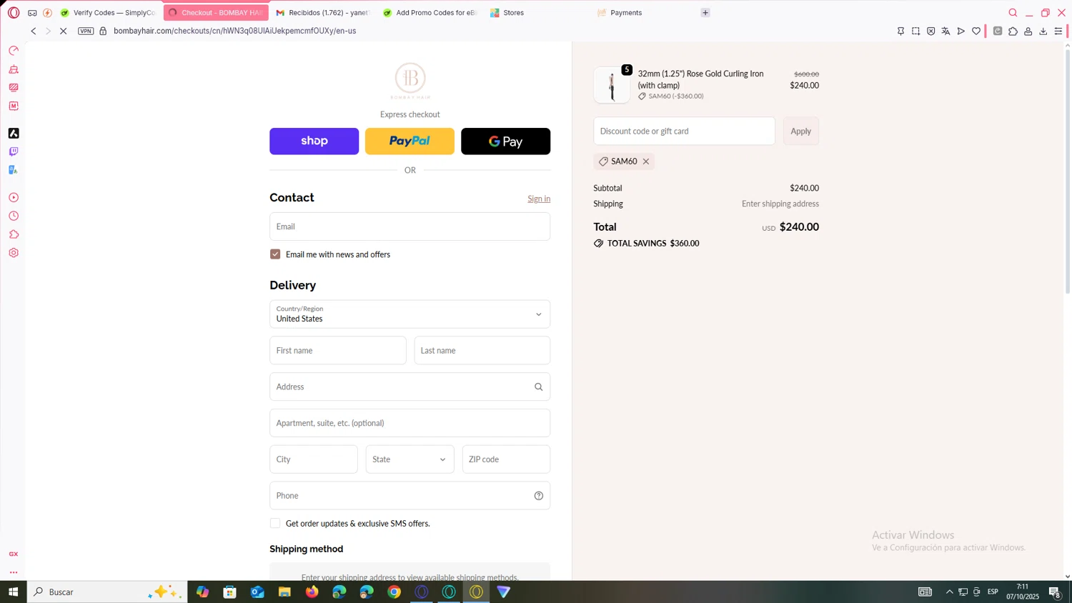 Bombay Hair discount code screenshot showing code Sam60 applied at Bombay Hair checkout page. Uploaded by SimplyCodes community member JEUGENIO on Oct 7, 2025