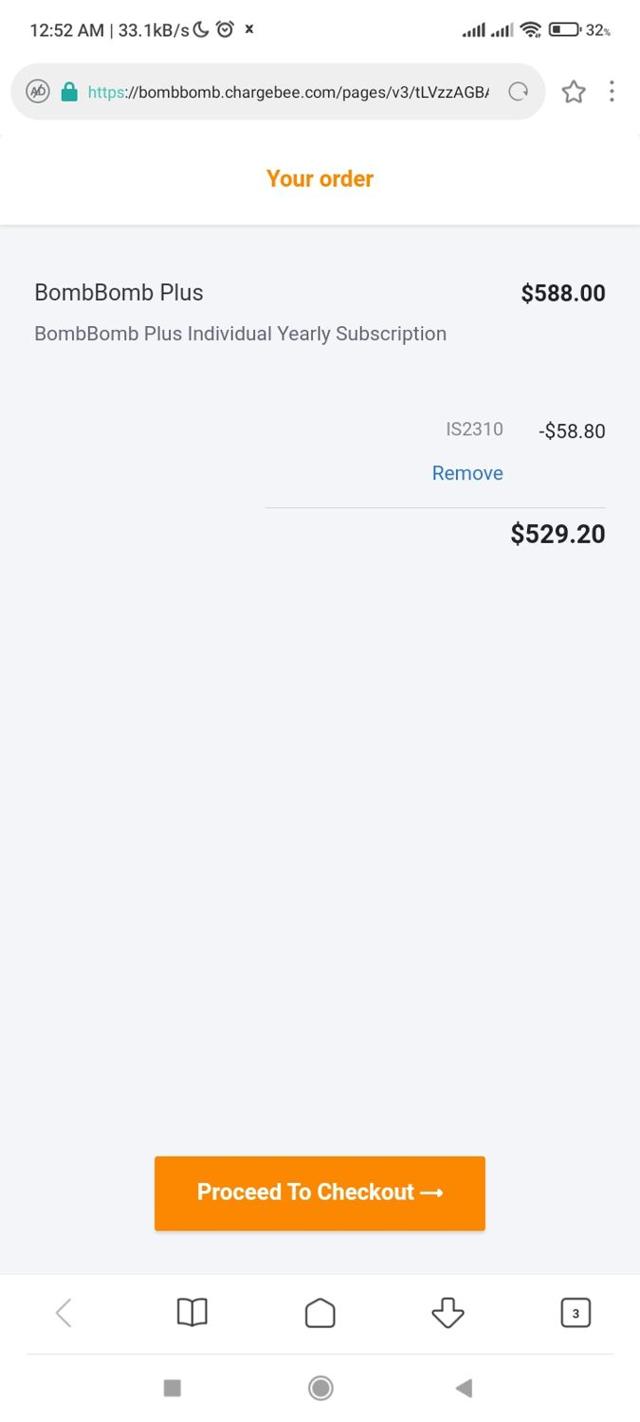 BombBomb checkout page showing BombBomb coupon code box | Screenshot taken by SimplyCodes community member on Jan 13, 2025