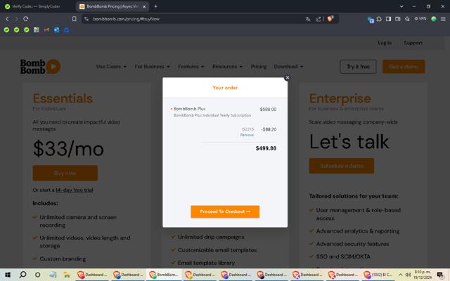 BombBomb checkout page showing BombBomb coupon code box | Screenshot taken by SimplyCodes community member on Dec 20, 2024