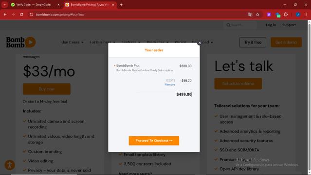 BombBomb checkout page showing BombBomb coupon code box | Screenshot taken by SimplyCodes community member on Mar 10, 2025
