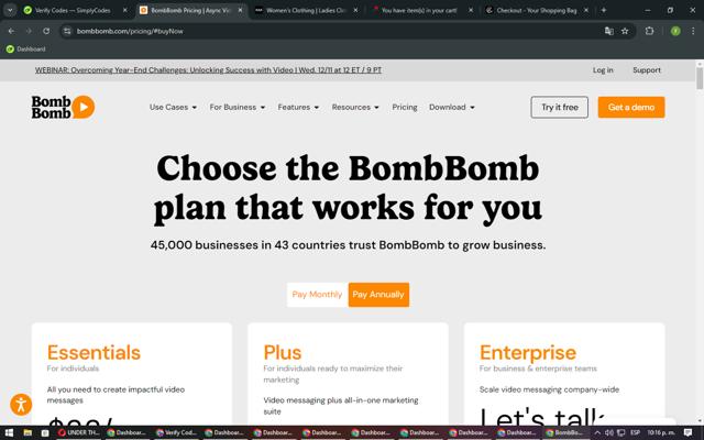 BombBomb checkout page showing BombBomb coupon code box | Screenshot taken by SimplyCodes community member on Dec 12, 2024
