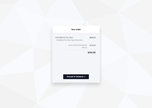 BombBomb checkout page showing BombBomb coupon code box | Screenshot taken by SimplyCodes community member on Apr 11, 2025