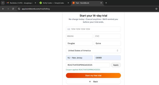 BombBomb checkout page showing BombBomb coupon code box | Screenshot taken by SimplyCodes community member on Sep 4, 2025