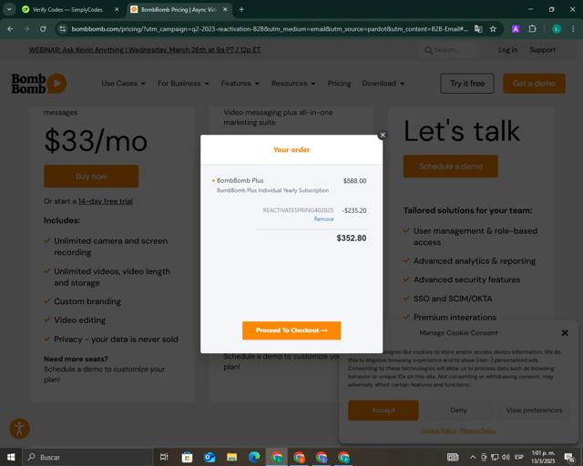 BombBomb checkout page showing BombBomb coupon code box | Screenshot taken by SimplyCodes community member on Mar 13, 2025