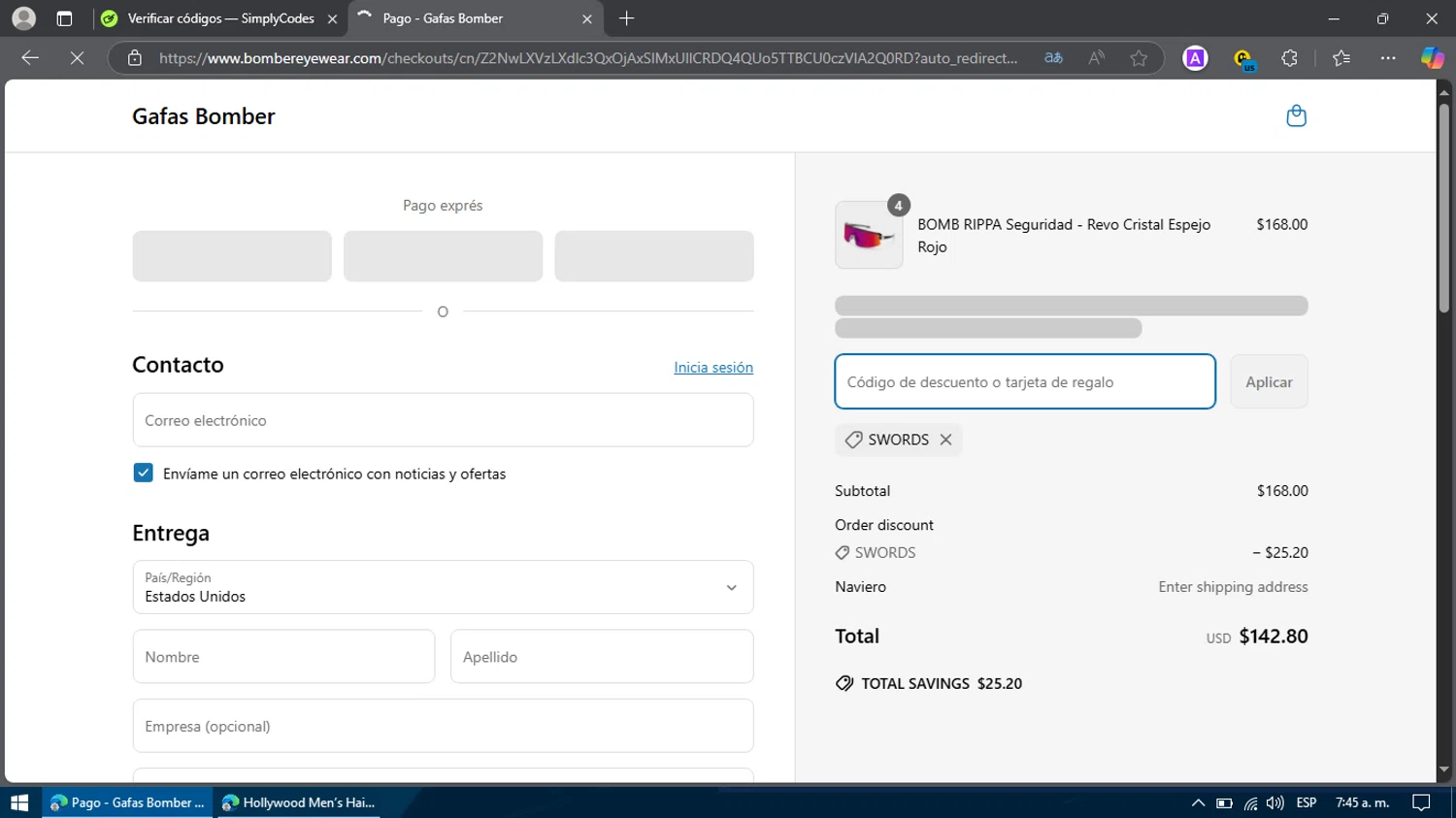 Bomber Eyewear discount code screenshot showing code SWORDS applied at Bomber Eyewear checkout page. Uploaded by SimplyCodes community member Billy2222 on Apr 17, 2025