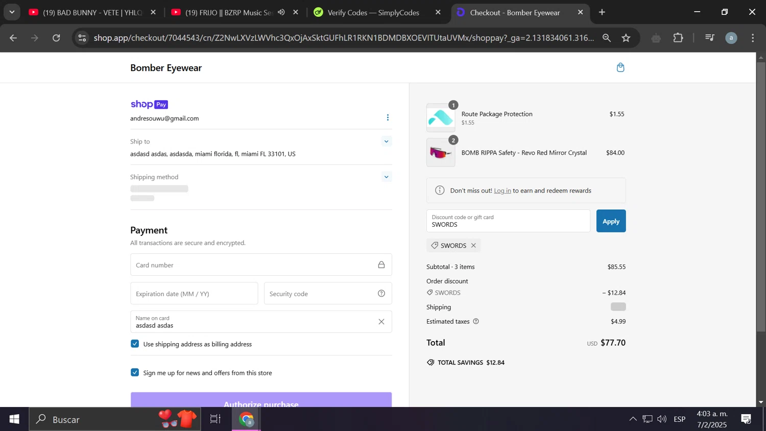 Bomber Eyewear discount code screenshot showing code SWORDS applied at Bomber Eyewear checkout page. Uploaded by SimplyCodes community member PrimeShopper662 on Feb 7, 2025
