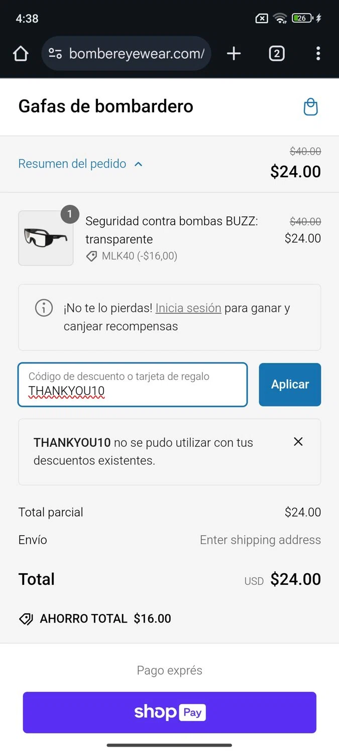 Bomber Eyewear discount code screenshot showing code THANKYOU10 applied at Bomber Eyewear checkout page. Uploaded by SimplyCodes community member Daemon06 on Jan 22, 2025
