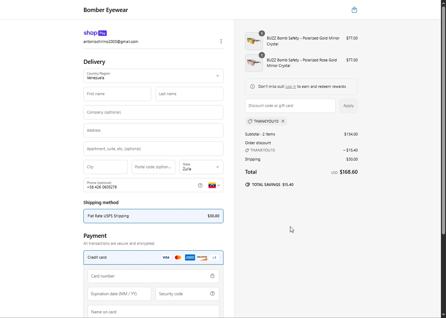 Bomber Eyewear discount code screenshot showing code THANKYOU10 applied at Bomber Eyewear checkout page. Uploaded by SimplyCodes community member Heibk201 on Jun 29, 2025