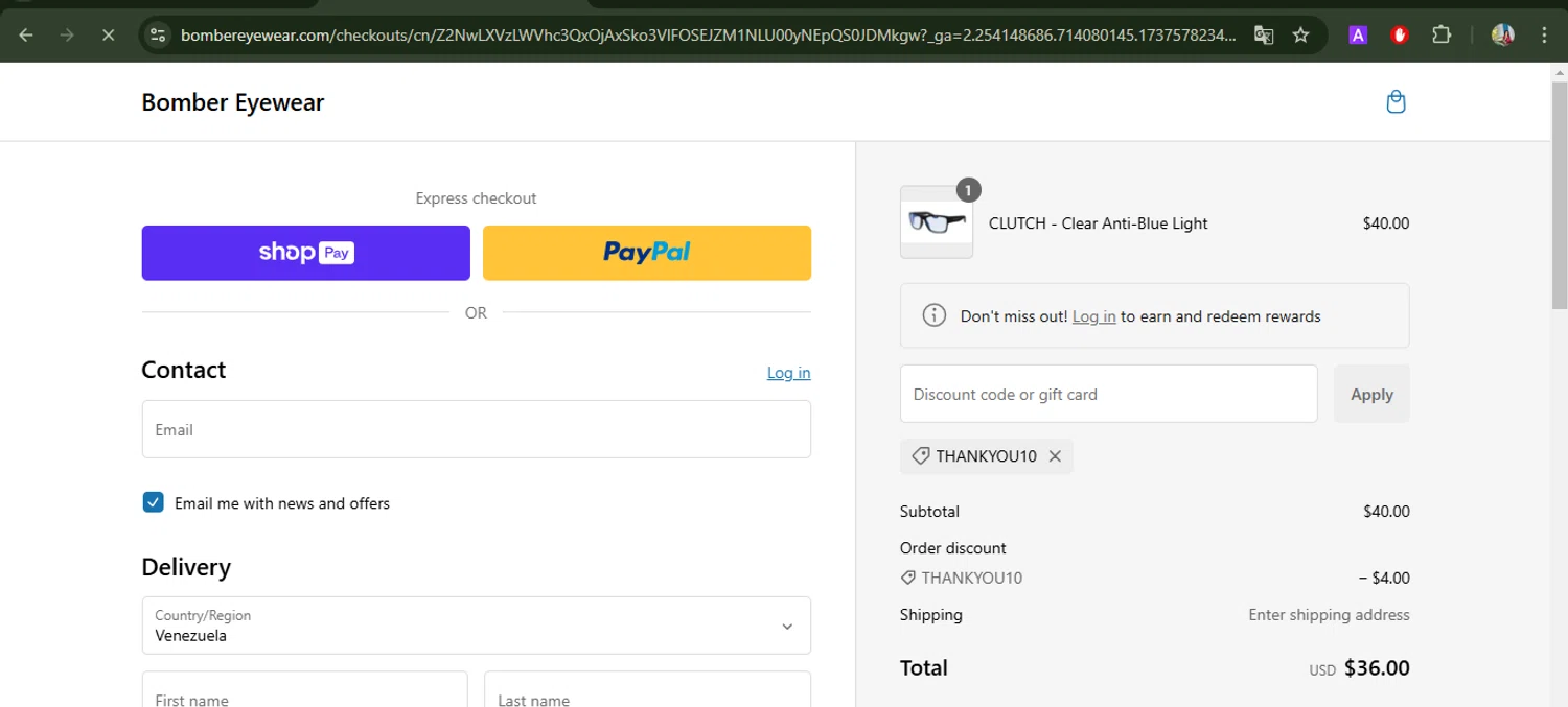 Bomber Eyewear discount code screenshot showing code THANKYOU10 applied at Bomber Eyewear checkout page. Uploaded by SimplyCodes community member BrilliantFox7966 on Jan 22, 2025