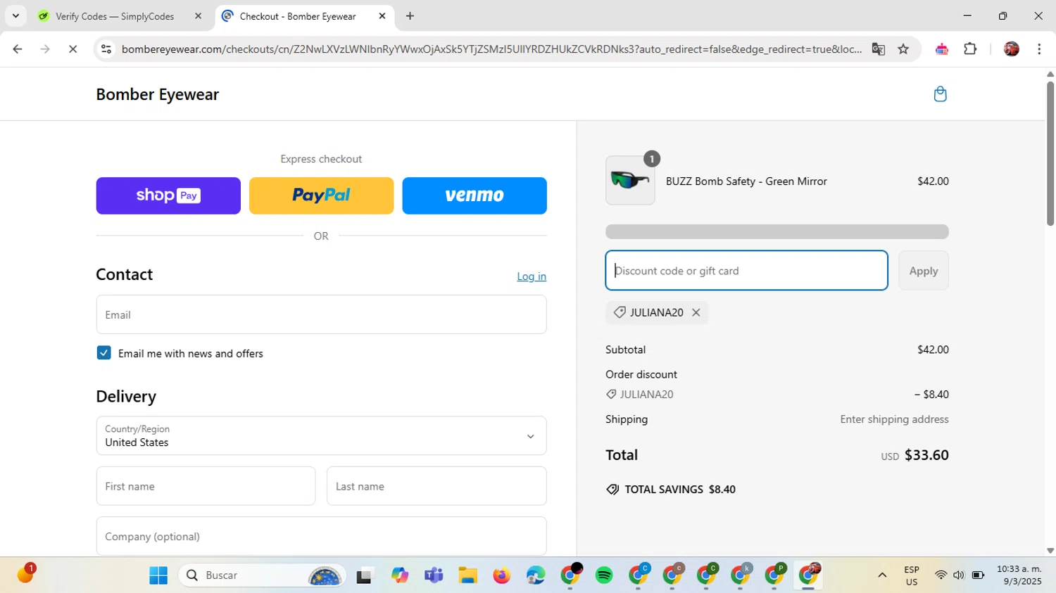 Bomber Eyewear discount code screenshot showing code JULIANA20 applied at Bomber Eyewear checkout page. Uploaded by SimplyCodes community member GloriousDefender7889 on Mar 9, 2025