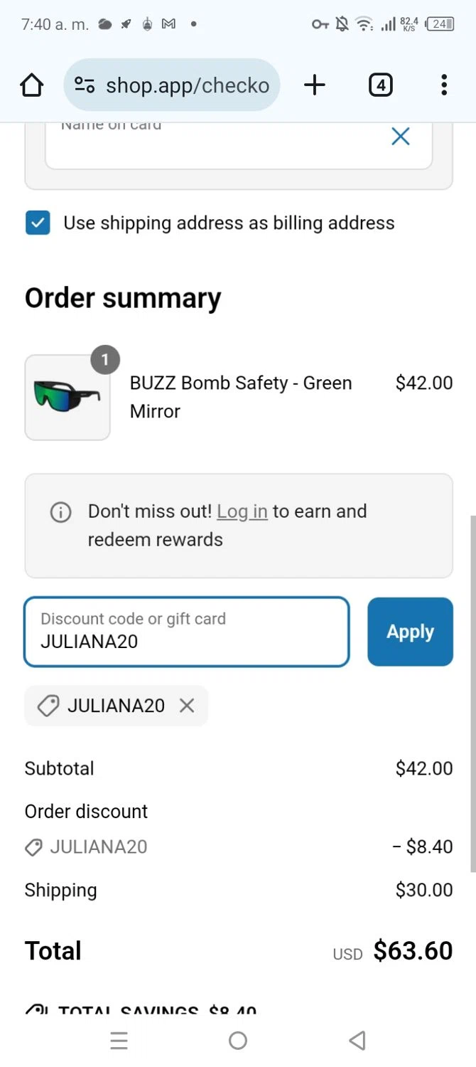Bomber Eyewear discount code screenshot showing code JULIANA20 applied at Bomber Eyewear checkout page. Uploaded by SimplyCodes community member GoldCurator660 on Apr 17, 2025