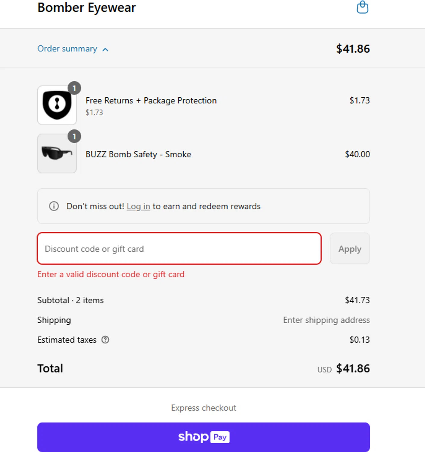 Bomber Eyewear discount code screenshot showing code BOMBERBOGO applied at Bomber Eyewear checkout page. Uploaded by SimplyCodes community member BrilliantSentinel3167 on Jul 12, 2025