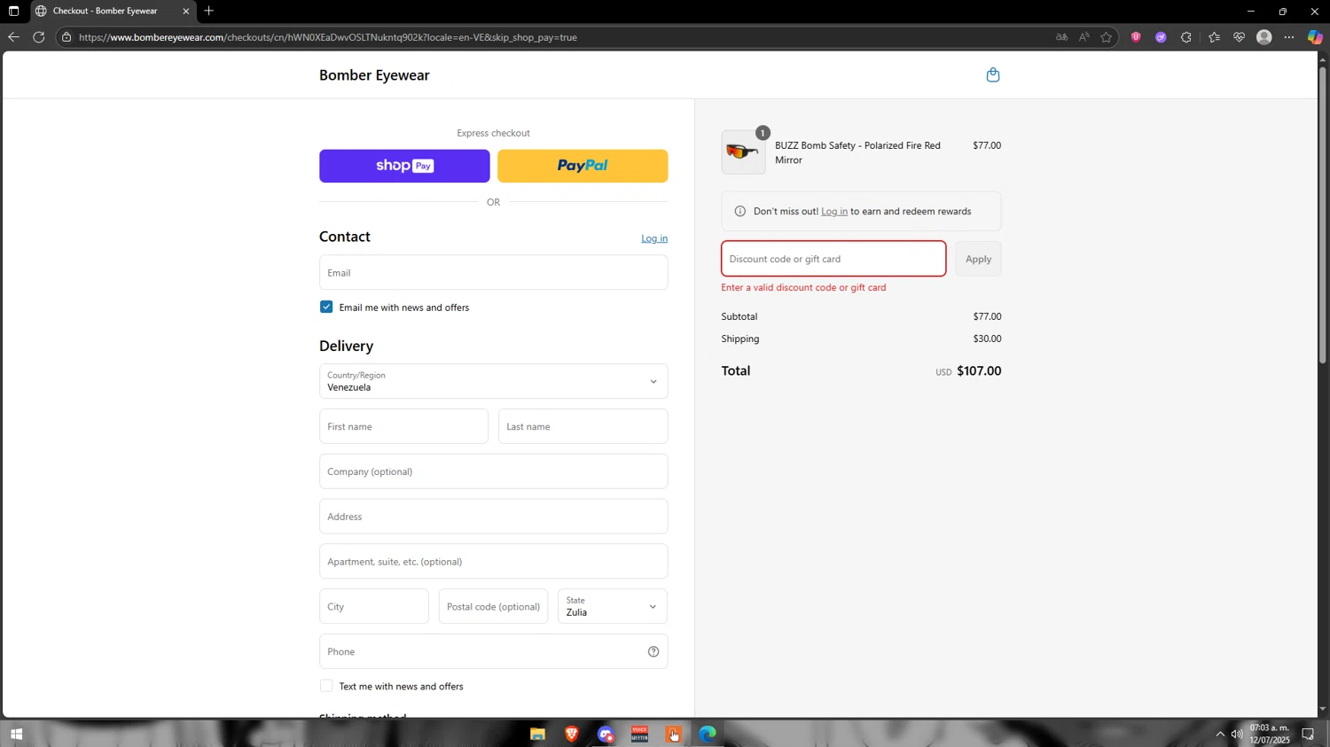 Bomber Eyewear discount code screenshot showing code BOMBERBOGO applied at Bomber Eyewear checkout page. Uploaded by SimplyCodes community member Vipera on Jul 12, 2025