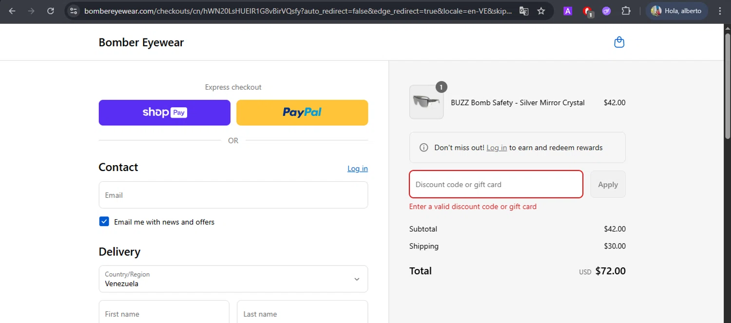 Bomber Eyewear discount code screenshot showing code SYAM20 applied at Bomber Eyewear checkout page. Uploaded by SimplyCodes community member BrilliantFox7966 on Aug 20, 2025