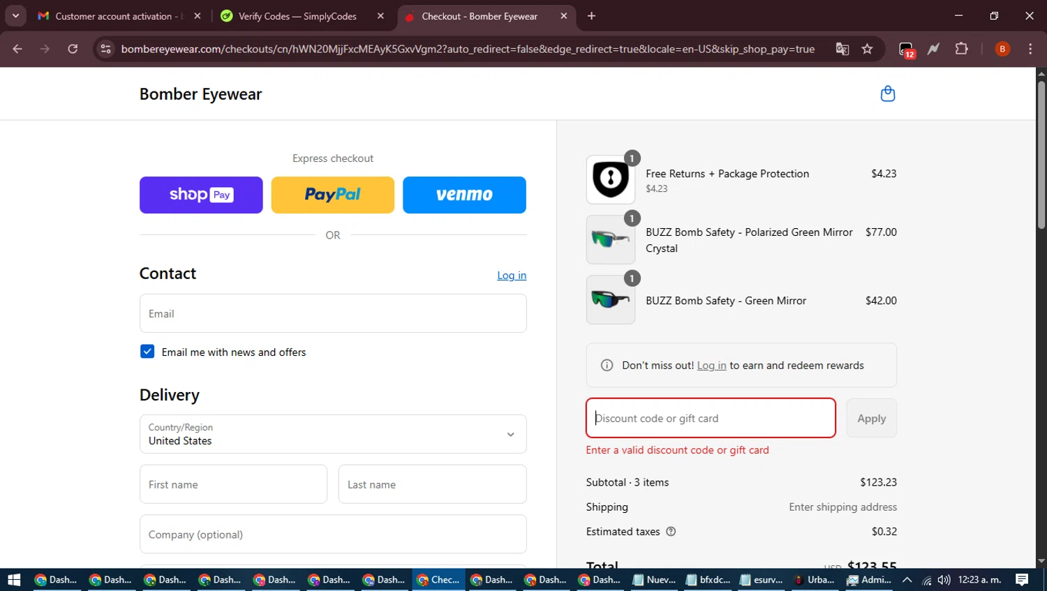 Bomber Eyewear discount code screenshot showing code SYAM20 applied at Bomber Eyewear checkout page. Uploaded by SimplyCodes community member DiscountExpert6435 on Aug 20, 2025