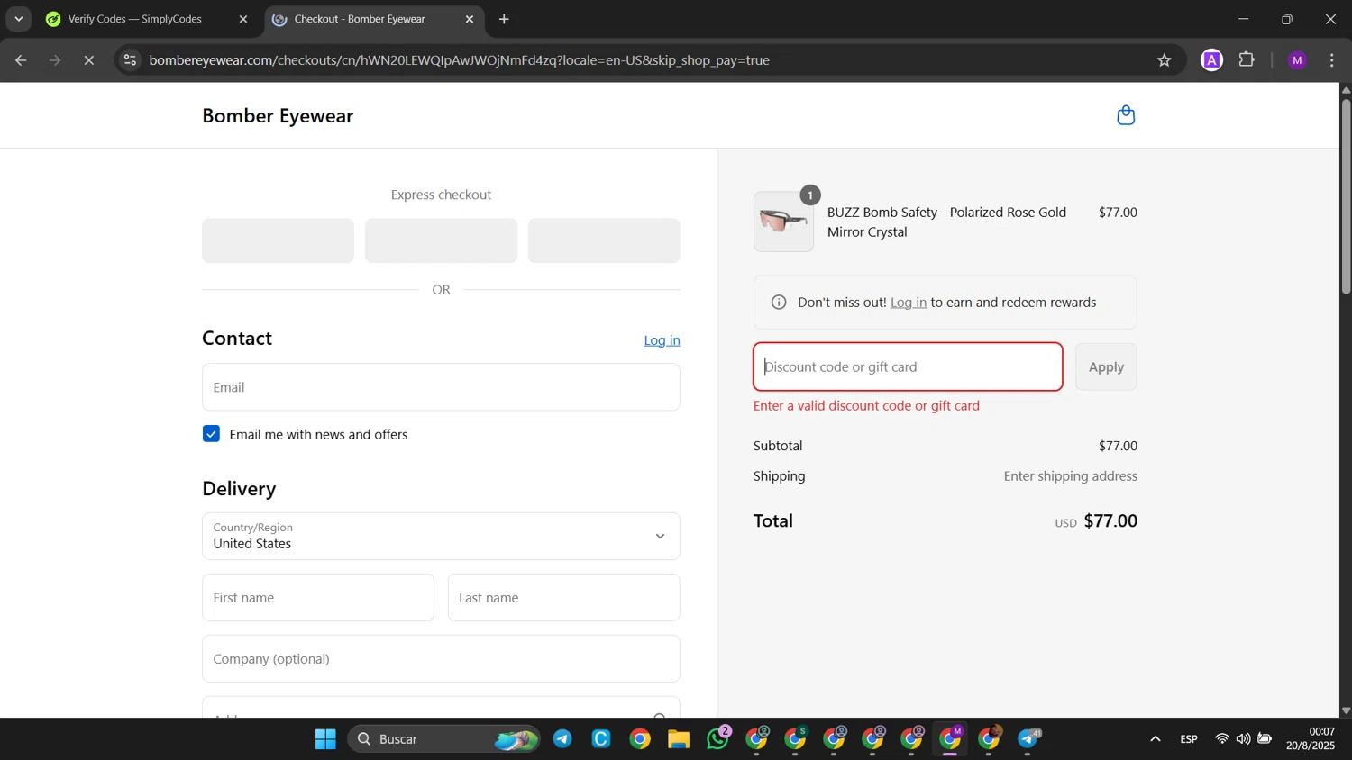 Bomber Eyewear discount code screenshot showing code SYAM20 applied at Bomber Eyewear checkout page. Uploaded by SimplyCodes community member jinwoo on Aug 20, 2025