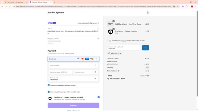 Bomber Eyewear checkout page showing Bomber Eyewear discount code box | Screenshot taken by SimplyCodes community member on Aug 11, 2025