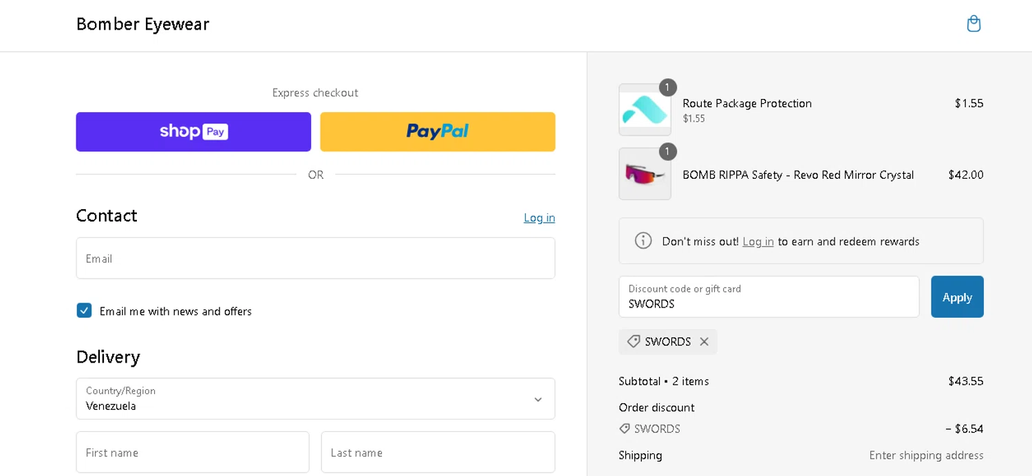 Bomber Eyewear discount code screenshot showing code SWORDS applied at Bomber Eyewear checkout page. Uploaded by SimplyCodes community member shark12 on Jan 7, 2025