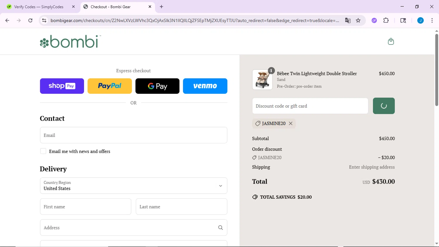 Bombi Gear discount code screenshot showing code JASMINE20 applied at Bombi Gear checkout page. Uploaded by SimplyCodes community member CodeLynx3161 on Jun 20, 2025