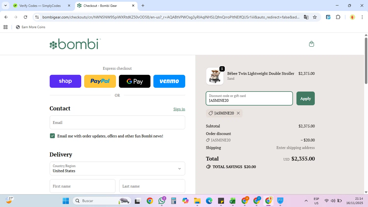 Bombi Gear discount code screenshot showing code JASMINE20 applied at Bombi Gear checkout page. Uploaded by SimplyCodes community member DiscountCollector3543 on Nov 17, 2025