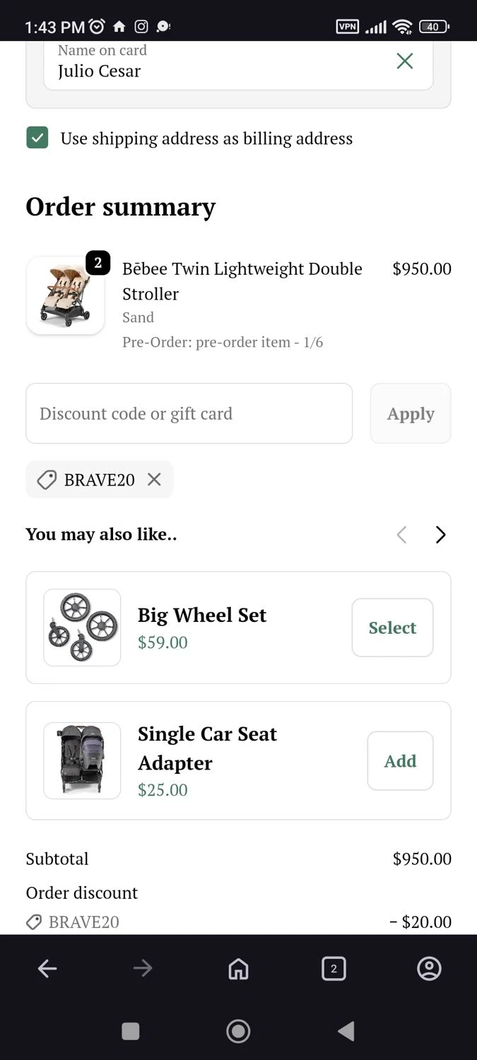 Bombi Gear discount code screenshot showing code BRAVE20 applied at Bombi Gear checkout page. Uploaded by SimplyCodes community member JulesCrnel on Dec 7, 2025