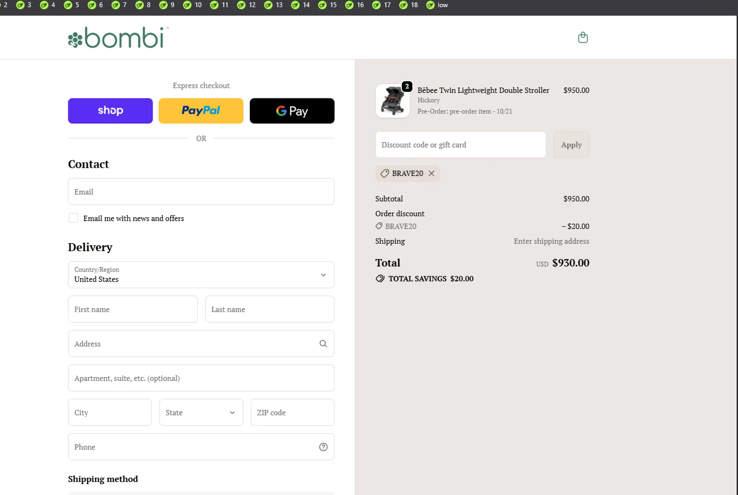 Bombi Gear discount code screenshot showing code BRAVE20 applied at Bombi Gear checkout page. Uploaded by SimplyCodes community member Locura on Oct 12, 2025