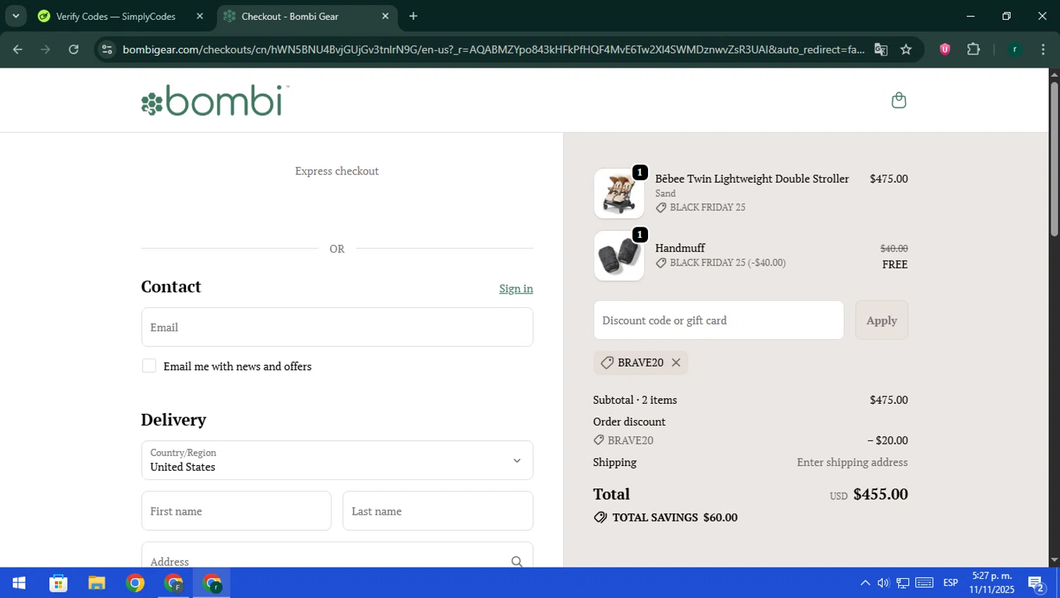 Bombi Gear discount code screenshot showing code BRAVE20 applied at Bombi Gear checkout page. Uploaded by SimplyCodes community member rodri1 on Nov 11, 2025