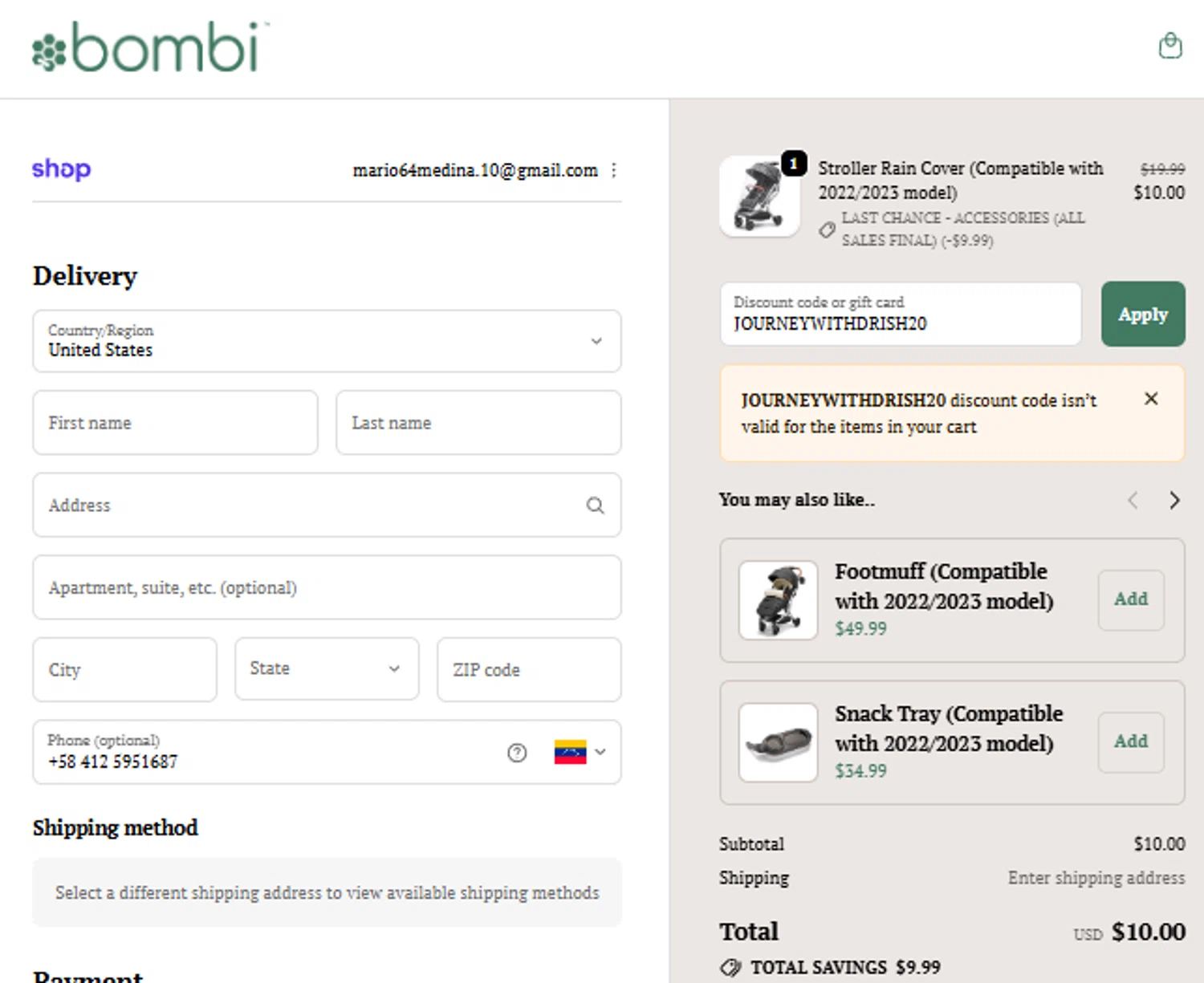 Bombi Gear discount code screenshot showing code JOURNEYWITHDRISH20 applied at Bombi Gear checkout page. Uploaded by SimplyCodes community member Diaz22 on Dec 7, 2025