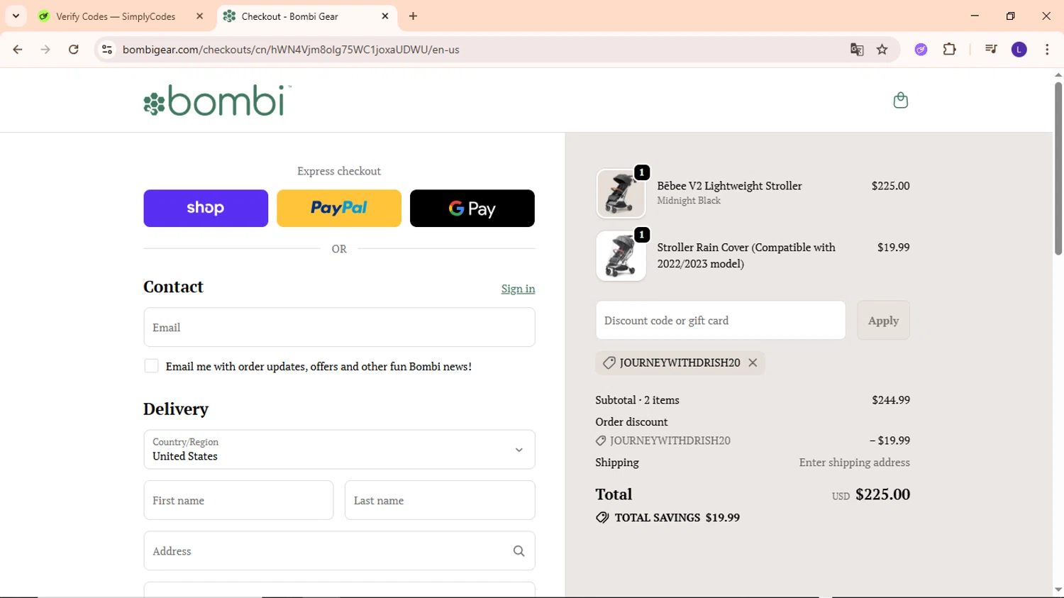 Bombi Gear discount code screenshot showing code JOURNEYWITHDRISH20 applied at Bombi Gear checkout page. Uploaded by SimplyCodes community member EpicWarden3081 on Oct 25, 2025