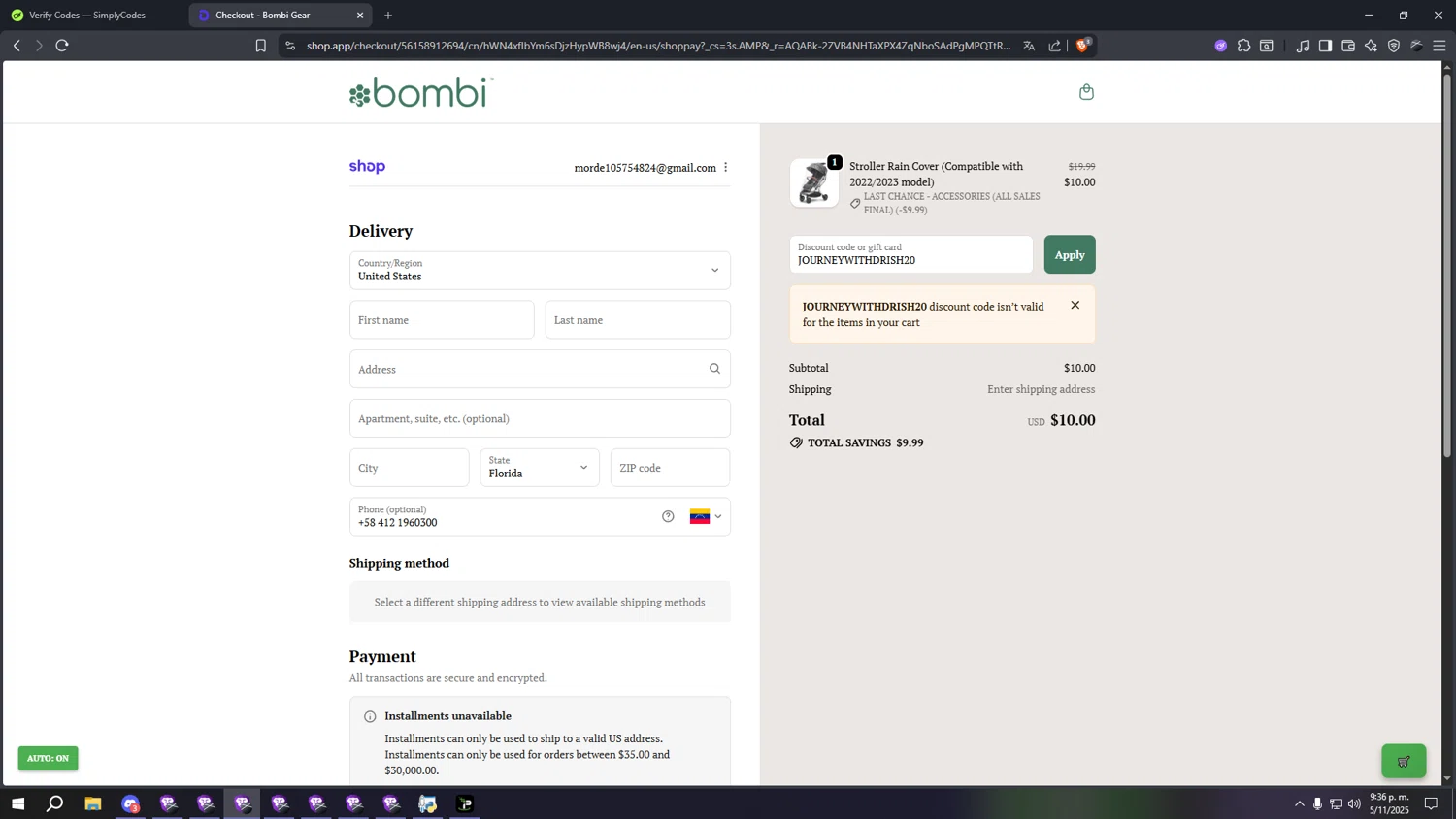Bombi Gear discount code screenshot showing code JOURNEYWITHDRISH20 applied at Bombi Gear checkout page. Uploaded by SimplyCodes community member lllllllllllllll on Nov 6, 2025