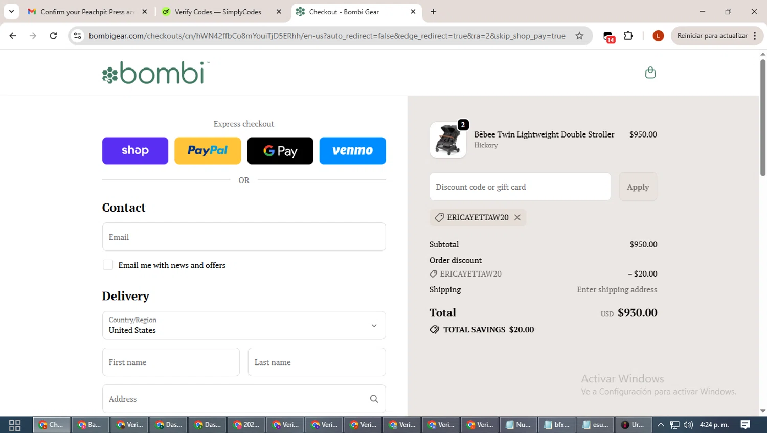 Bombi Gear discount code screenshot showing code ERICAYETTAW20 applied at Bombi Gear checkout page. Uploaded by SimplyCodes community member BonusHero9692 on Oct 12, 2025