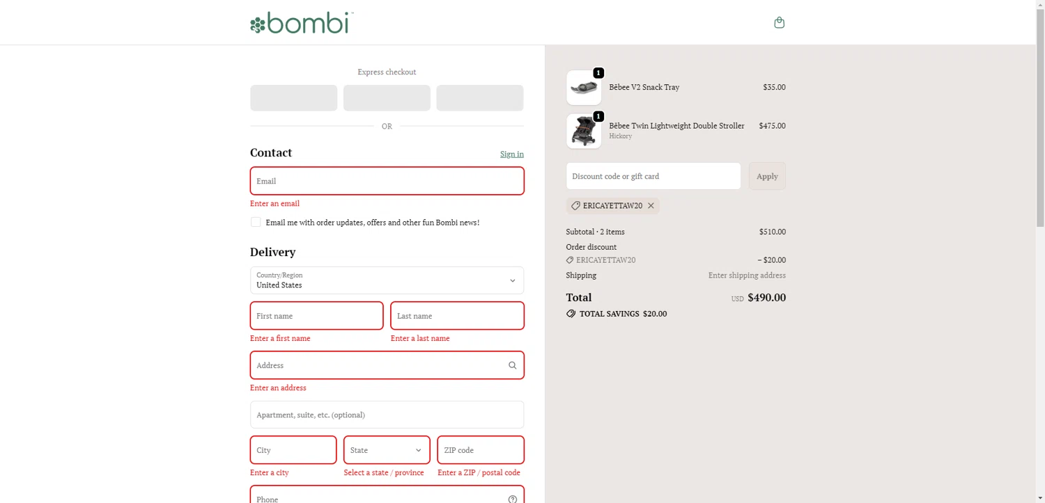 Bombi Gear discount code screenshot showing code ERICAYETTAW20 applied at Bombi Gear checkout page. Uploaded by SimplyCodes community member CrownTiger6508 on Oct 25, 2025