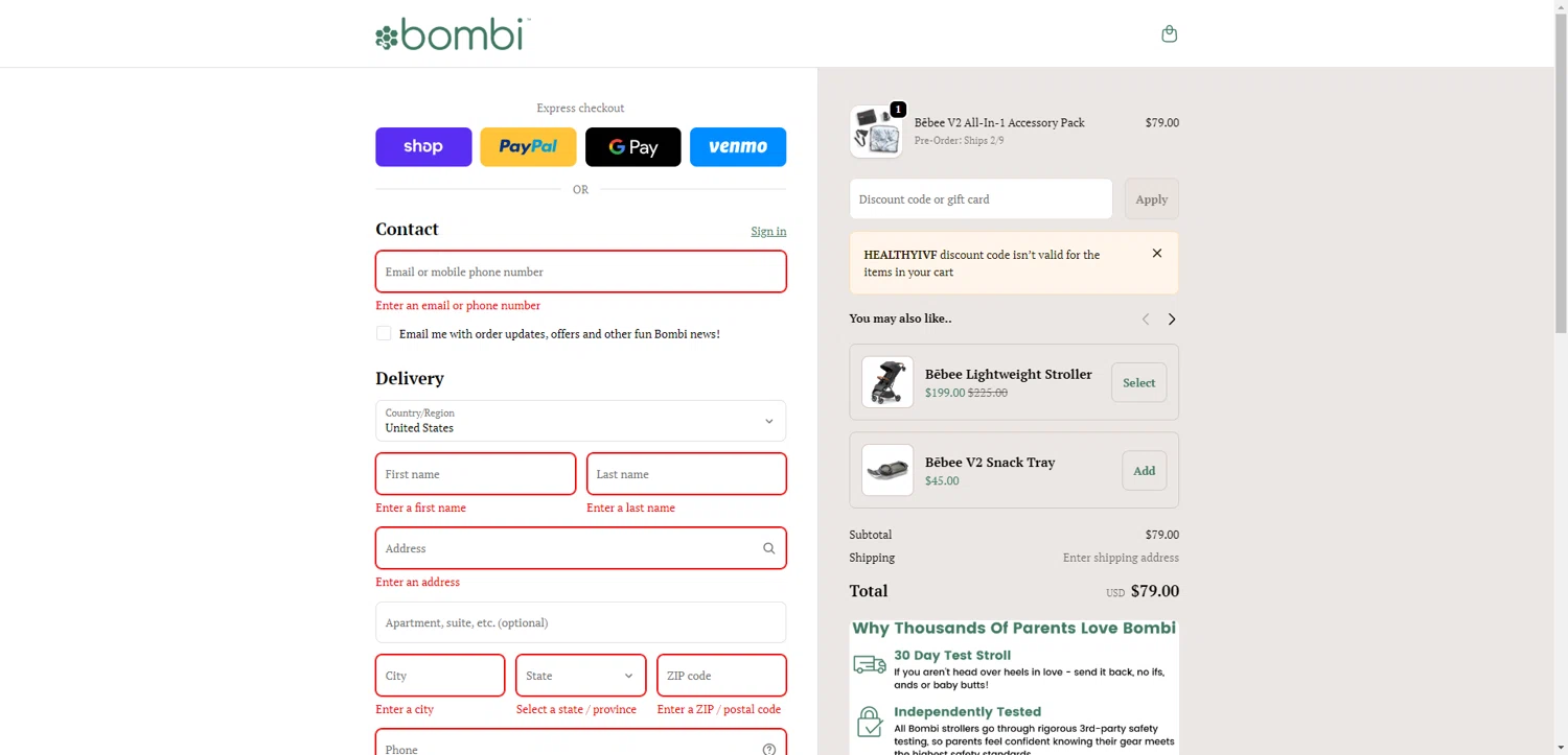 Bombi Gear checkout page showing Bombi Gear discount code box | Screenshot taken by SimplyCodes community member on Feb 6, 2026