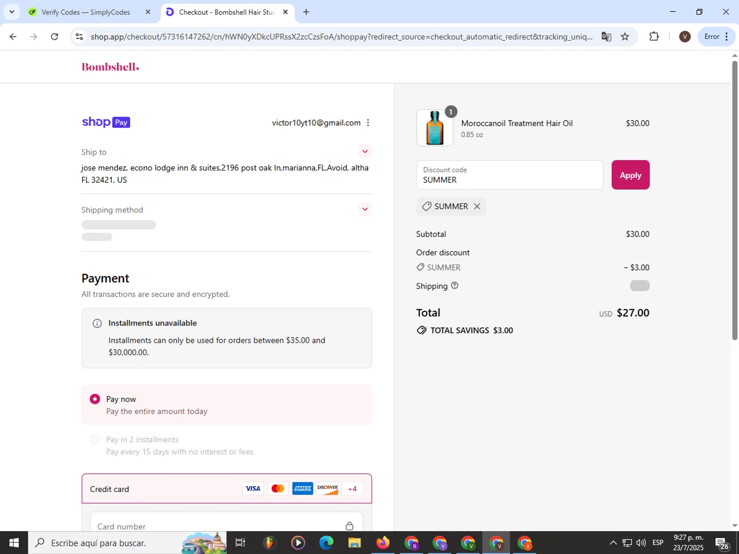 Bombshell Hair Studio discount code screenshot showing code SUMMER applied at Bombshell Hair Studio checkout page. Uploaded by SimplyCodes community member CashLion3448 on Jul 24, 2025