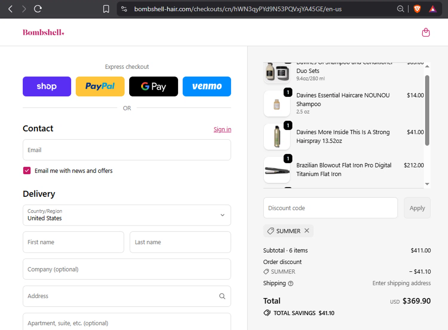 Bombshell Hair Studio discount code screenshot showing code SUMMER applied at Bombshell Hair Studio checkout page. Uploaded by SimplyCodes community member gallantbotx on Oct 7, 2025