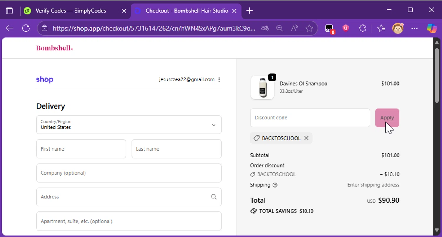 Bombshell Hair Studio discount code screenshot showing code BACKTOSCHOOL applied at Bombshell Hair Studio checkout page. Uploaded by SimplyCodes community member Raibelys_18 on Oct 24, 2025