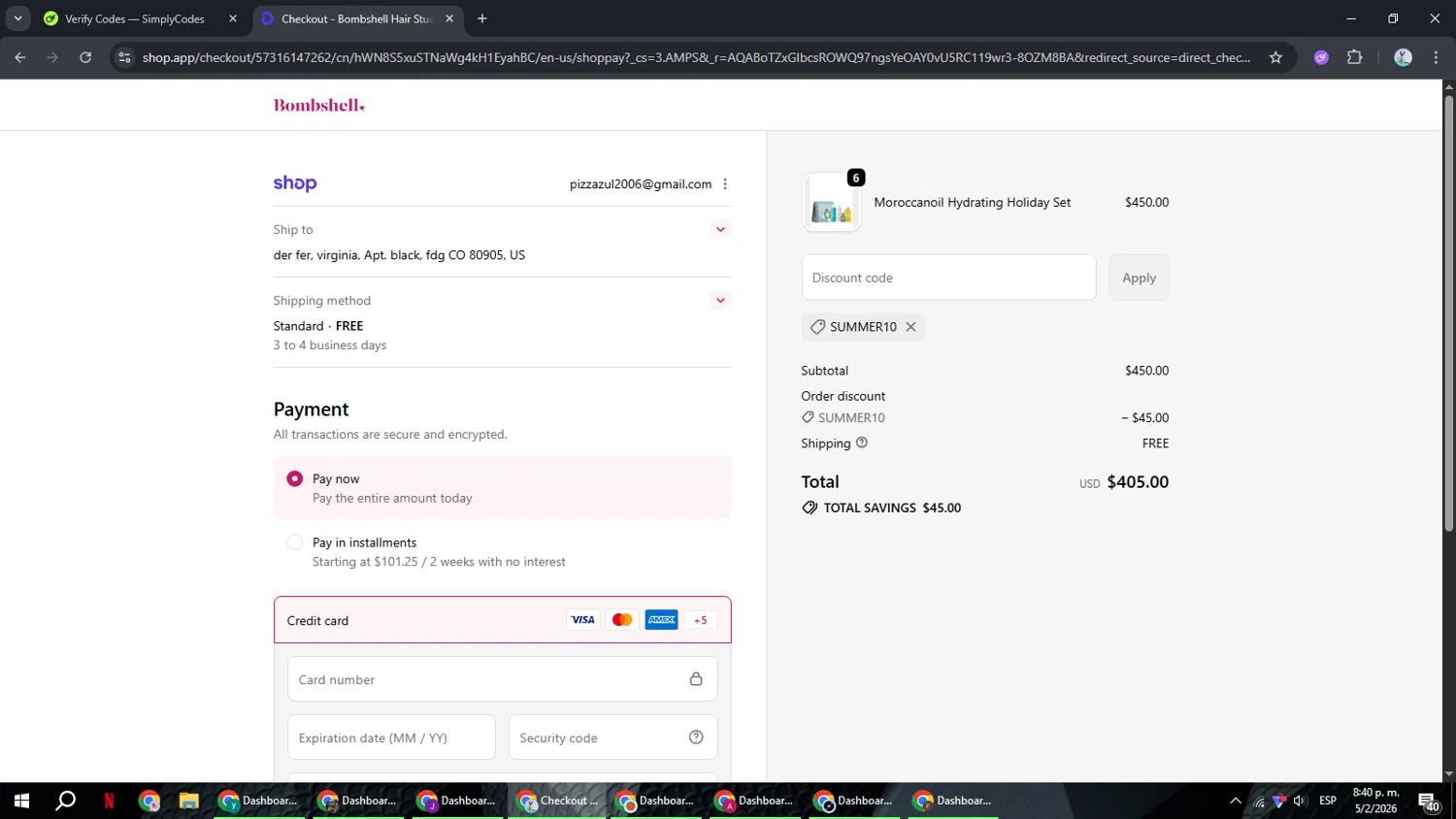 Bombshell Hair Studio discount code screenshot showing code SUMMER10 applied at Bombshell Hair Studio checkout page. Uploaded by SimplyCodes community member ShrewdSeeker6165 on Feb 6, 2026