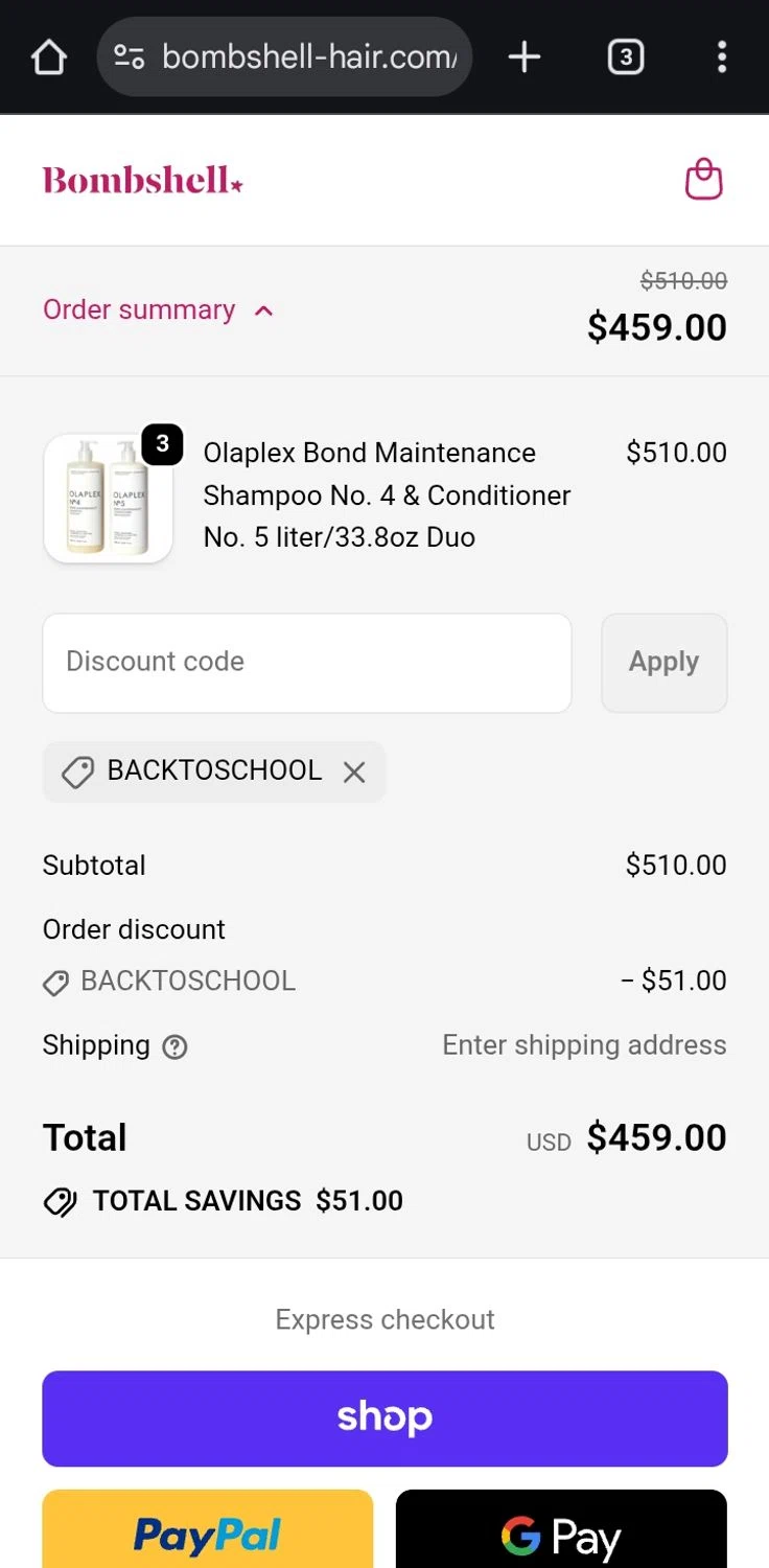 Bombshell Hair Studio discount code screenshot showing code BACKTOSCHOOL applied at Bombshell Hair Studio checkout page. Uploaded by SimplyCodes community member ValiantCurator3344 on Sep 17, 2025