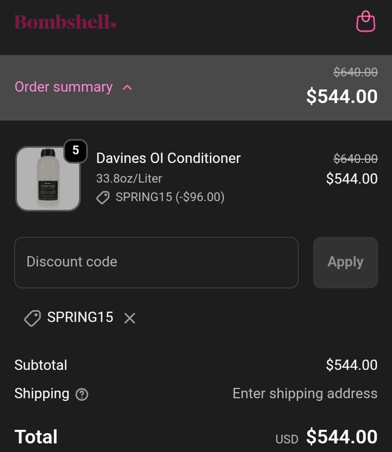Bombshell Hair Studio promo code screenshot showing code SPRING15 applied at Bombshell Hair Studio checkout page. Uploaded by SimplyCodes community member ValiantCurator3344 on Apr 10, 2026