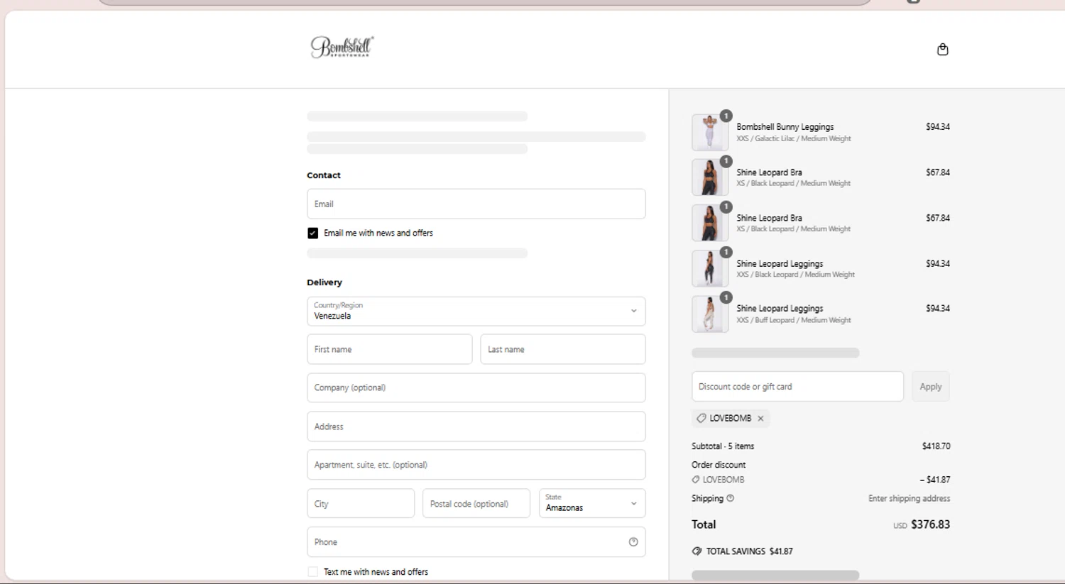 Bombshell Sportswear discount code screenshot showing code LOVEBOMB applied at Bombshell Sportswear checkout page. Uploaded by SimplyCodes community member EpicSpotter6525 on May 25, 2025