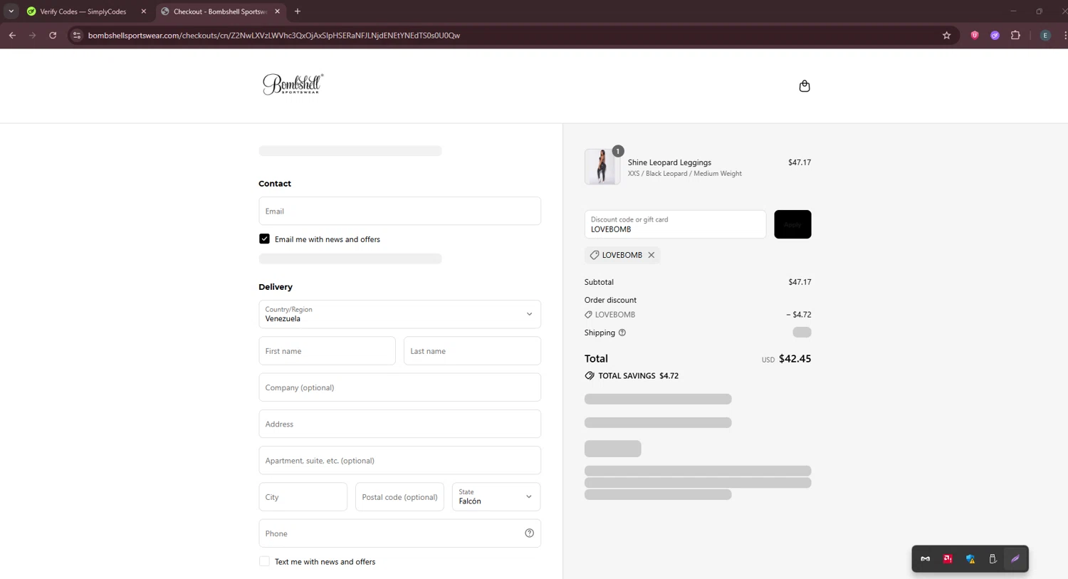 Bombshell Sportswear discount code screenshot showing code LOVEBOMB applied at Bombshell Sportswear checkout page. Uploaded by SimplyCodes community member GloriousPioneer2942 on Jul 6, 2025