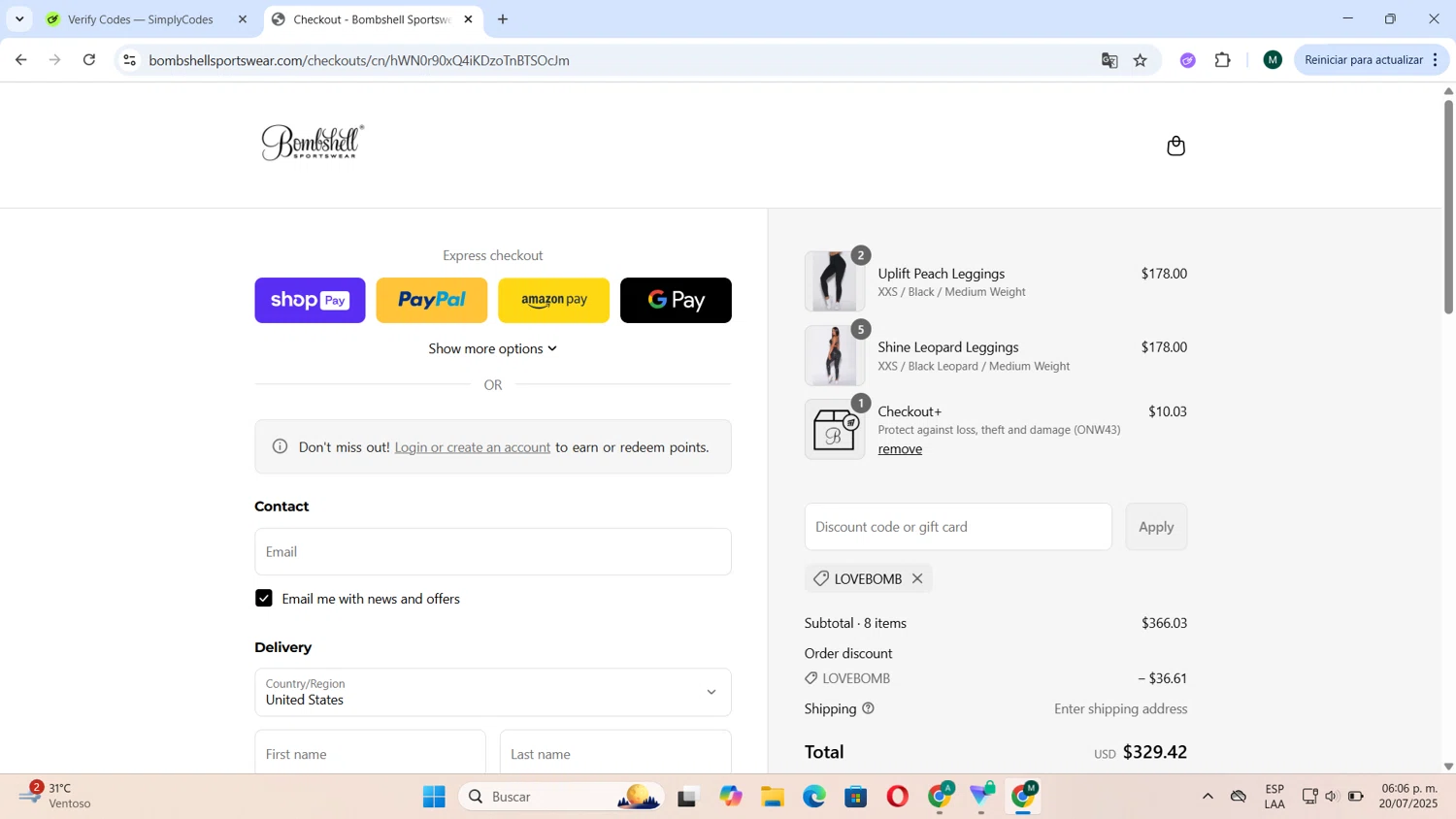 Bombshell Sportswear discount code screenshot showing code LOVEBOMB applied at Bombshell Sportswear checkout page. Uploaded by SimplyCodes community member Tortu_1 on Jul 20, 2025