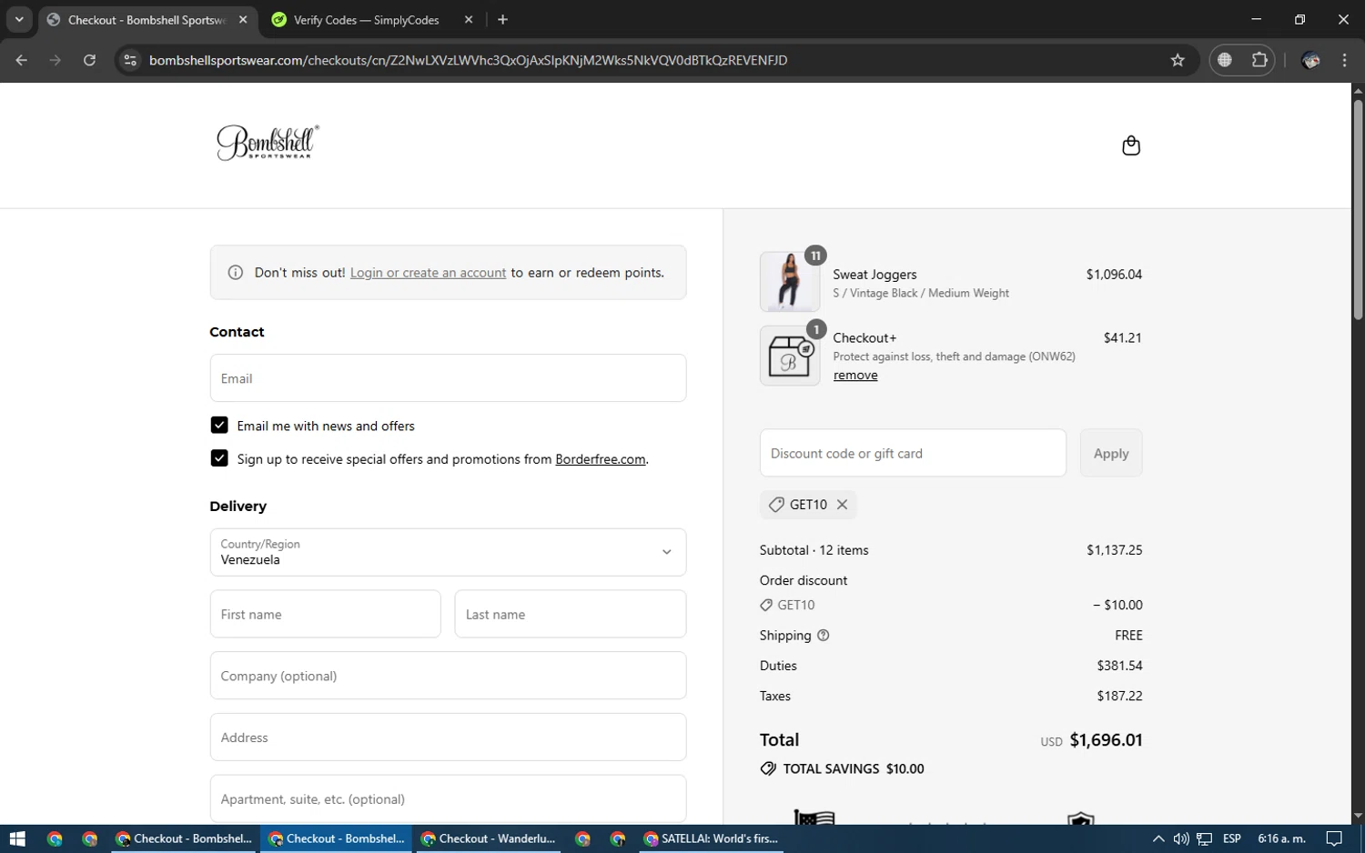 Bombshell Sportswear discount code screenshot showing code GET10 applied at Bombshell Sportswear checkout page. Uploaded by SimplyCodes community member NobleGenius1697 on Jul 7, 2025