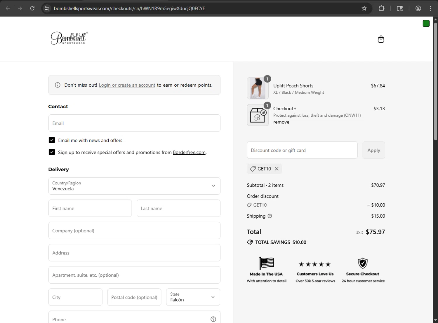 Bombshell Sportswear discount code screenshot showing code GET10 applied at Bombshell Sportswear checkout page. Uploaded by SimplyCodes community member THEROCKs on Aug 5, 2025