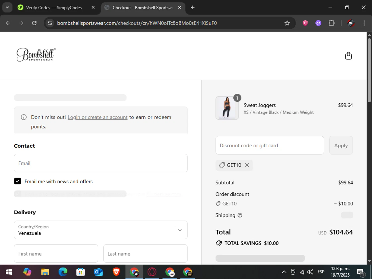Bombshell Sportswear discount code screenshot showing code GET10 applied at Bombshell Sportswear checkout page. Uploaded by SimplyCodes community member TreasureAdmiral6867 on Jul 19, 2025