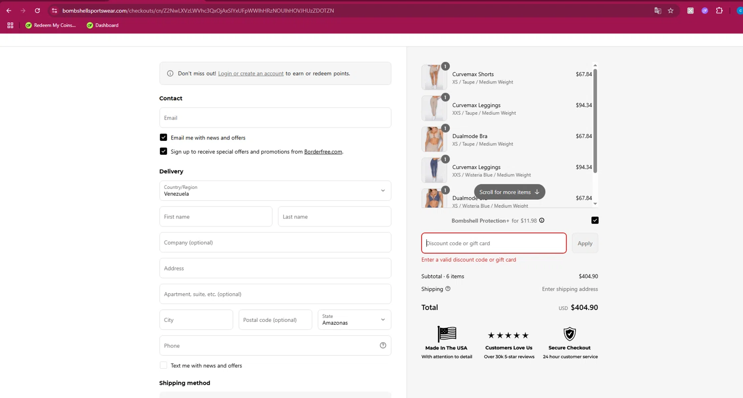 Bombshell Sportswear discount code screenshot showing code LD20 applied at Bombshell Sportswear checkout page. Uploaded by SimplyCodes community member Turiderss on May 12, 2025